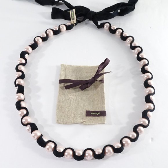 NWT Lee Angel Pink Glass Pearl Ribbon Tie statement Necklace NWT 450 - Picture 1 of 5